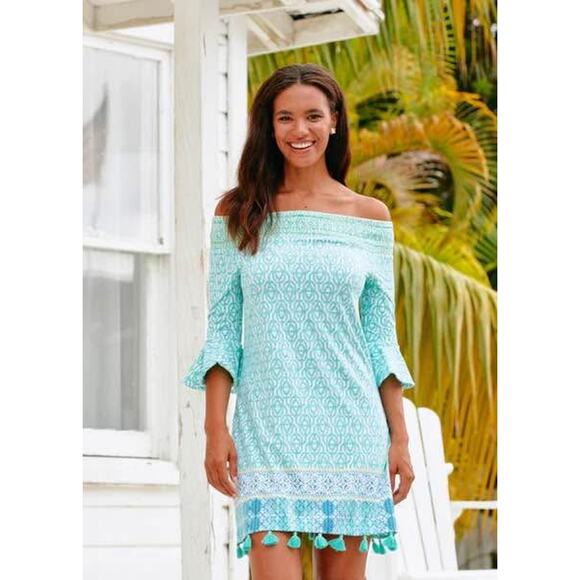 Cabana Life Women’s Large Coastal Cottage Off the Shoulder Tassel Dress - Picture 1 of 6